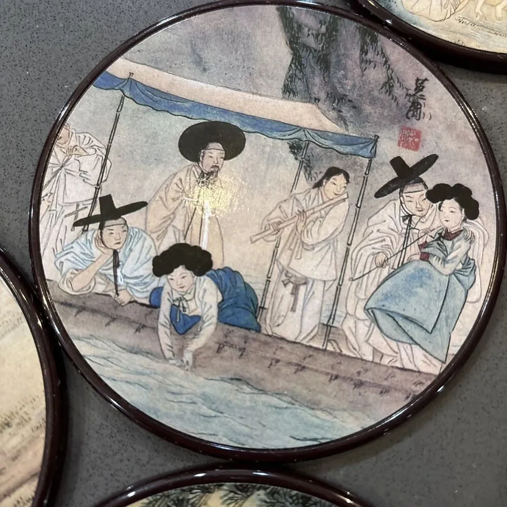 Six Korean Coaster Set With Sin Yun Bok Art Detailed Korean Scenes Laminate Cork